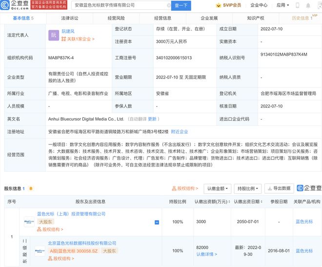 蓝色光标于安徽投资成立数字传媒新公司